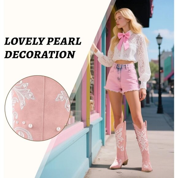 Women's Pink  Knee High Embroidered Cowgirl Boots with Bow Chunky Heel Boot - Picture 2 of 6